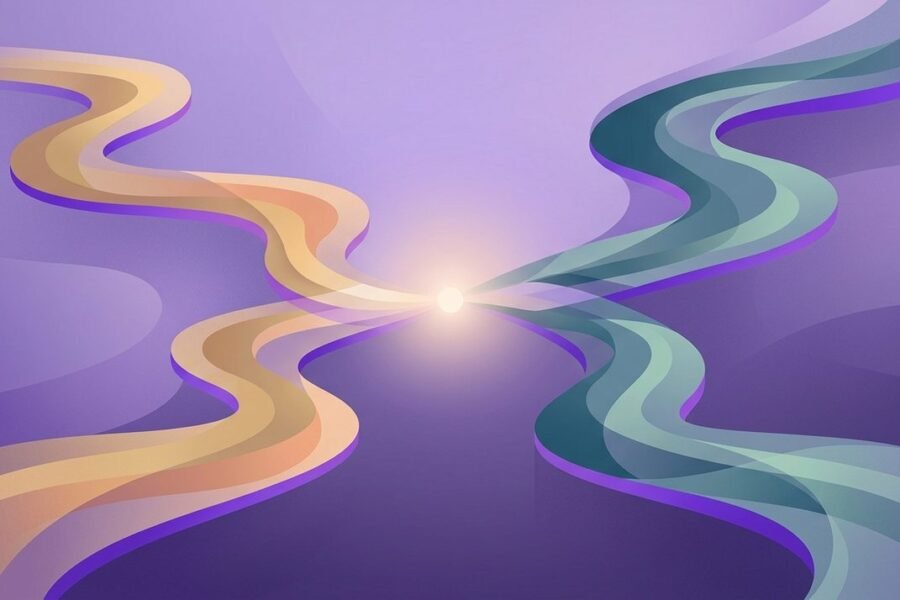Dos caminos entrelazados que convergen en un mismo punto luminoso, representando la convergencia de enfoques terapéuticos