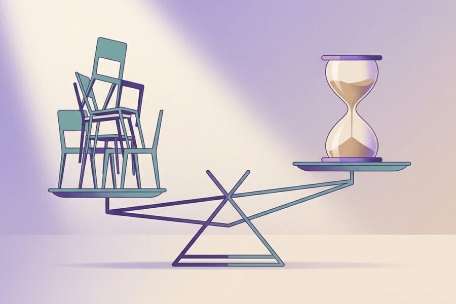 Balanza conceptual entre siluetas de sillas de consultorio y un reloj de arena, representando el equilibrio entre carga de trabajo y sostenibilidad profesional