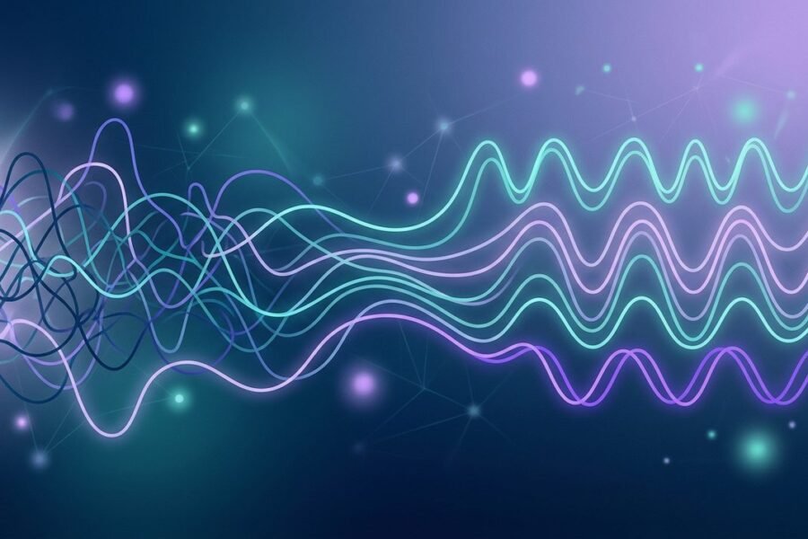 Representación abstracta de ondas cerebrales EEG transformándose en patrones de luz organizados sobre fondo azul oscuro