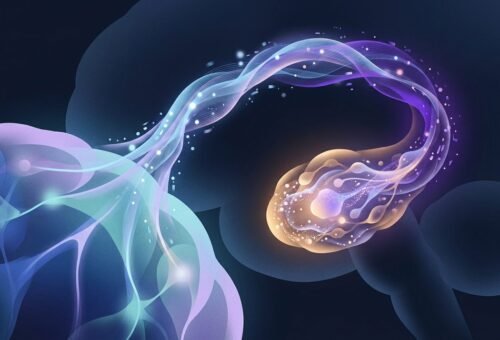 Representación abstracta de una señal cerebral en tiempo real proyectada como ondas de luz sobre un fondo oscuro