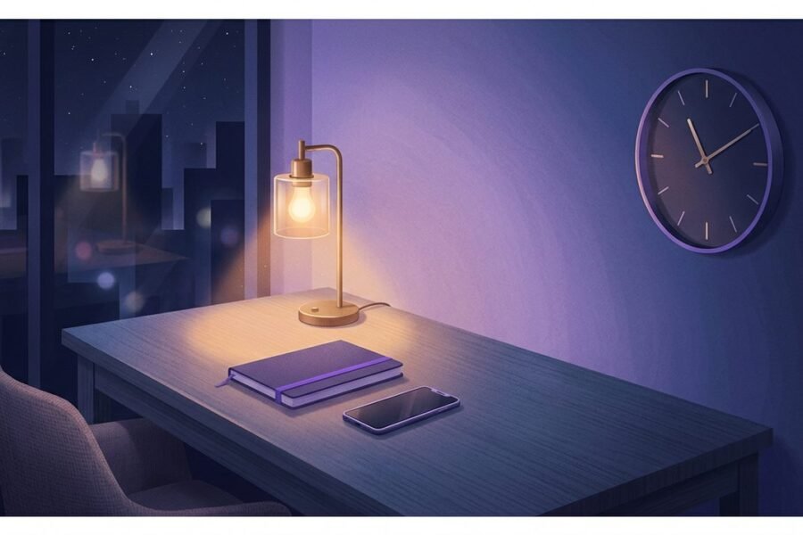 Escritorio de consultorio con un teléfono, un cuaderno de registro y un reloj marcando la noche, simbolizando límites de disponibilidad