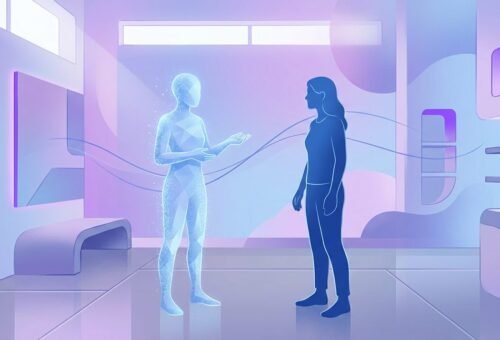 representación abstracta de una figura digital translúcida en diálogo con una forma humana, simbolizando la terapia con avatares para voces persistentes