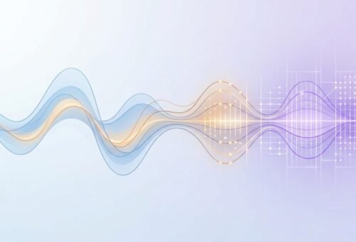 Ondas sonoras abstractas transformándose en patrones de datos digitales sobre un fondo sereno