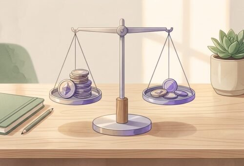 Balanza simbólica con monedas de distinto tamaño sobre un escritorio de consultorio, representando una escala diferenciada de honorarios