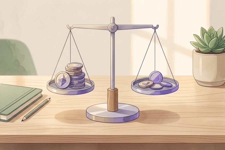 Balanza simbólica con monedas de distinto tamaño sobre un escritorio de consultorio, representando una escala diferenciada de honorarios