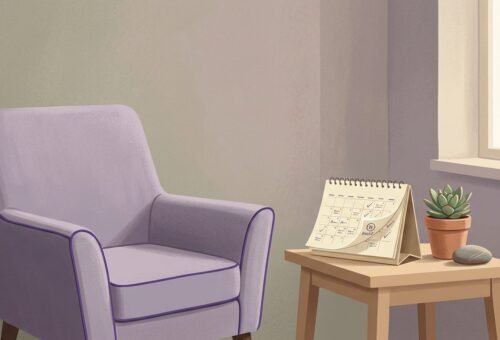 Escritorio de consultorio con una silla vacía y una agenda abierta simbolizando una pausa planificada en la atención