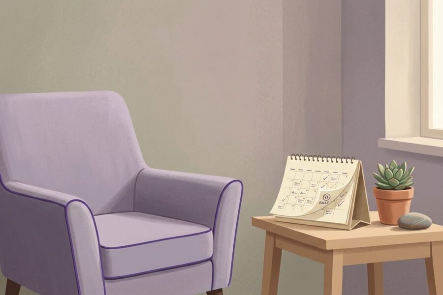 Escritorio de consultorio con una silla vacía y una agenda abierta simbolizando una pausa planificada en la atención