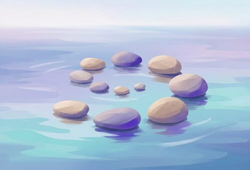 Ocho piedras dispuestas en espiral sobre una superficie serena, representando las etapas de un proceso de prevención de recaídas