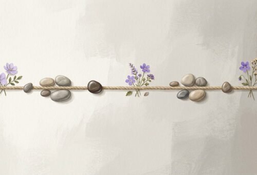 Línea de cuerda con piedras y flores dispuestas en secuencia, representando la construcción simbólica de una biografía en el método del testimonio