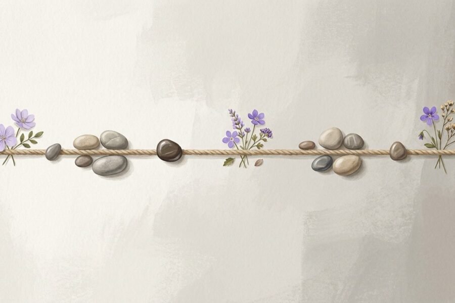Línea de cuerda con piedras y flores dispuestas en secuencia, representando la construcción simbólica de una biografía en el método del testimonio