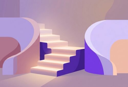 Escalera abstracta de seis escalones iluminados que representan niveles crecientes de comprensión entre dos figuras geométricas en diálogo