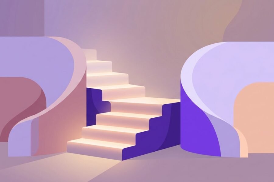 Escalera abstracta de seis escalones iluminados que representan niveles crecientes de comprensión entre dos figuras geométricas en diálogo