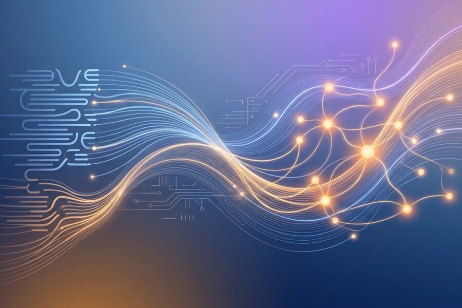 Red de líneas y nodos luminosos que simbolizan el análisis computacional de un diálogo terapéutico