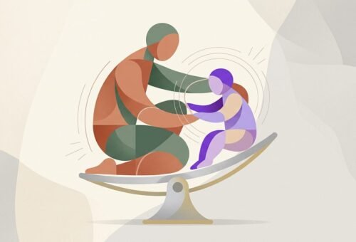 Ilustración conceptual de una balanza familiar que representa el equilibrio entre consecuencias y vínculo en el entrenamiento parental