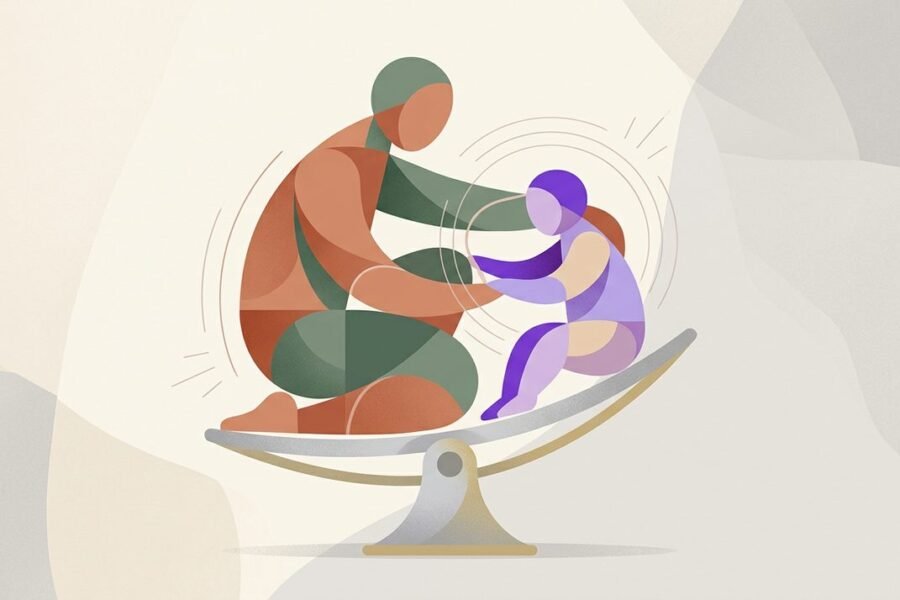 Ilustración conceptual de una balanza familiar que representa el equilibrio entre consecuencias y vínculo en el entrenamiento parental