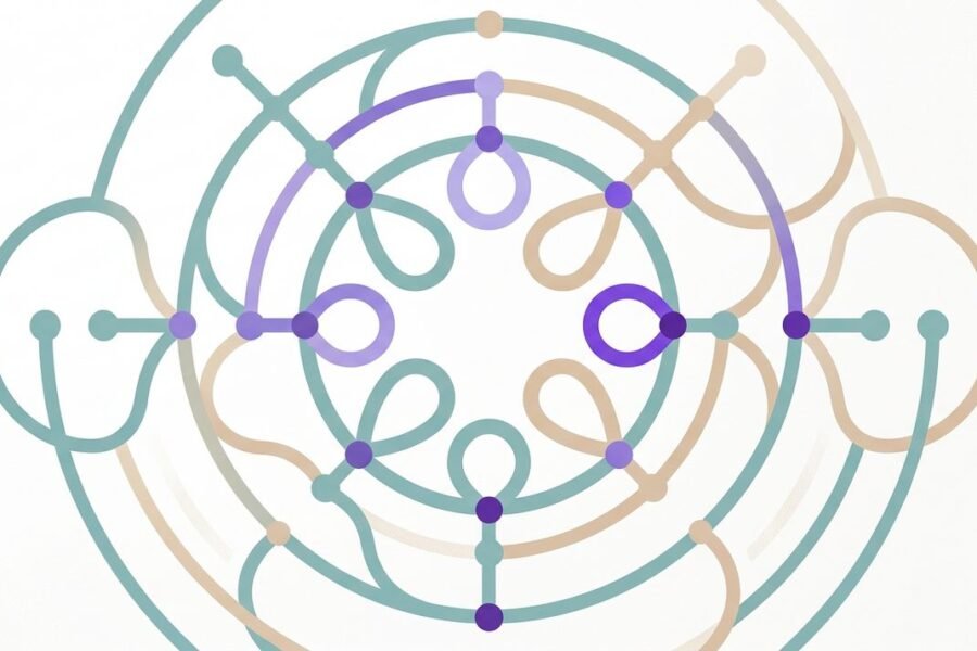 Red de líneas entrelazadas que convergen y se bifurcan, representando conexiones relacionales dentro de un sistema familiar