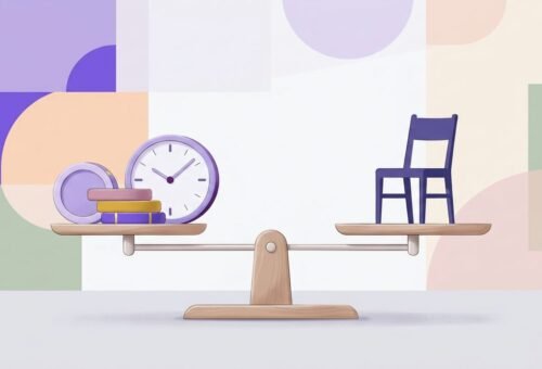 Balanza conceptual con monedas y un reloj representando el equilibrio entre costos y tiempo de sesión en un consultorio