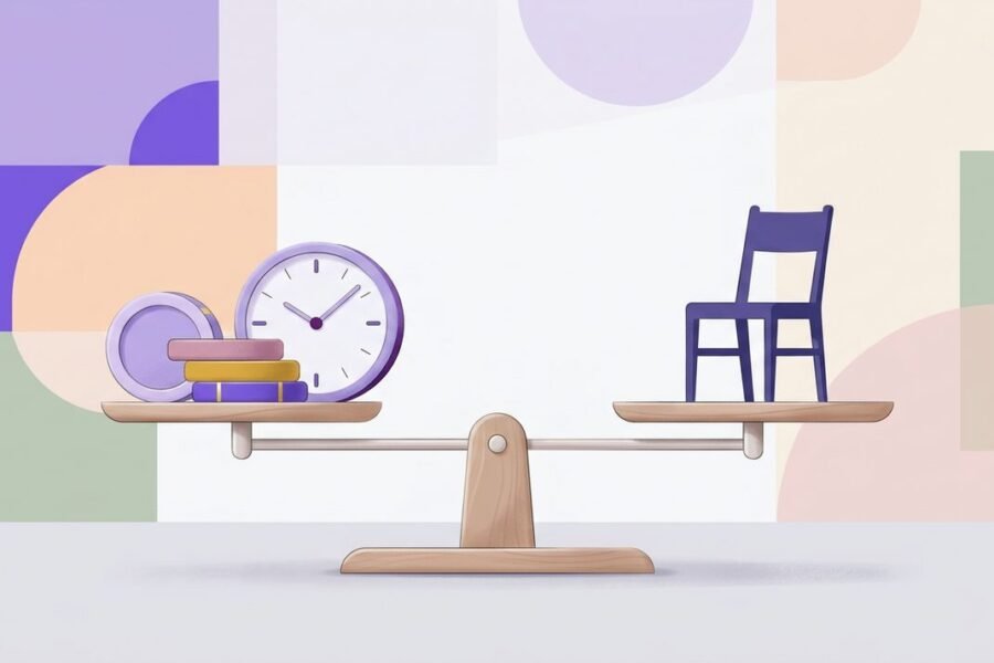 Balanza conceptual con monedas y un reloj representando el equilibrio entre costos y tiempo de sesión en un consultorio
