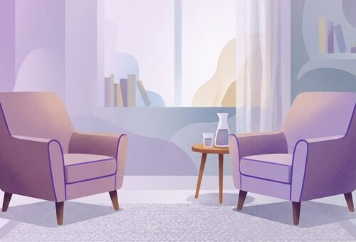 Dos sillas vacías enfrentadas en un consultorio con luz suave, sugiriendo una pausa en la conversación terapéutica