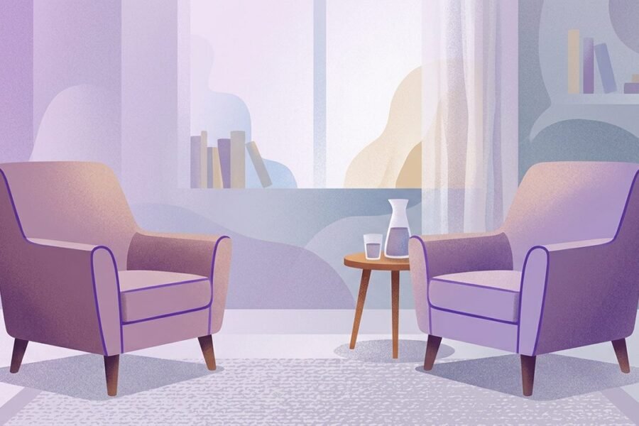 Dos sillas vacías enfrentadas en un consultorio con luz suave, sugiriendo una pausa en la conversación terapéutica