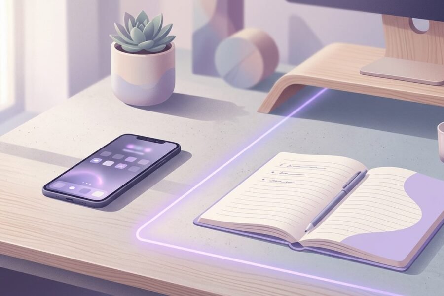 Teléfono y cuaderno sobre un escritorio ordenado, representando los límites entre la comunicación digital y el espacio terapéutico